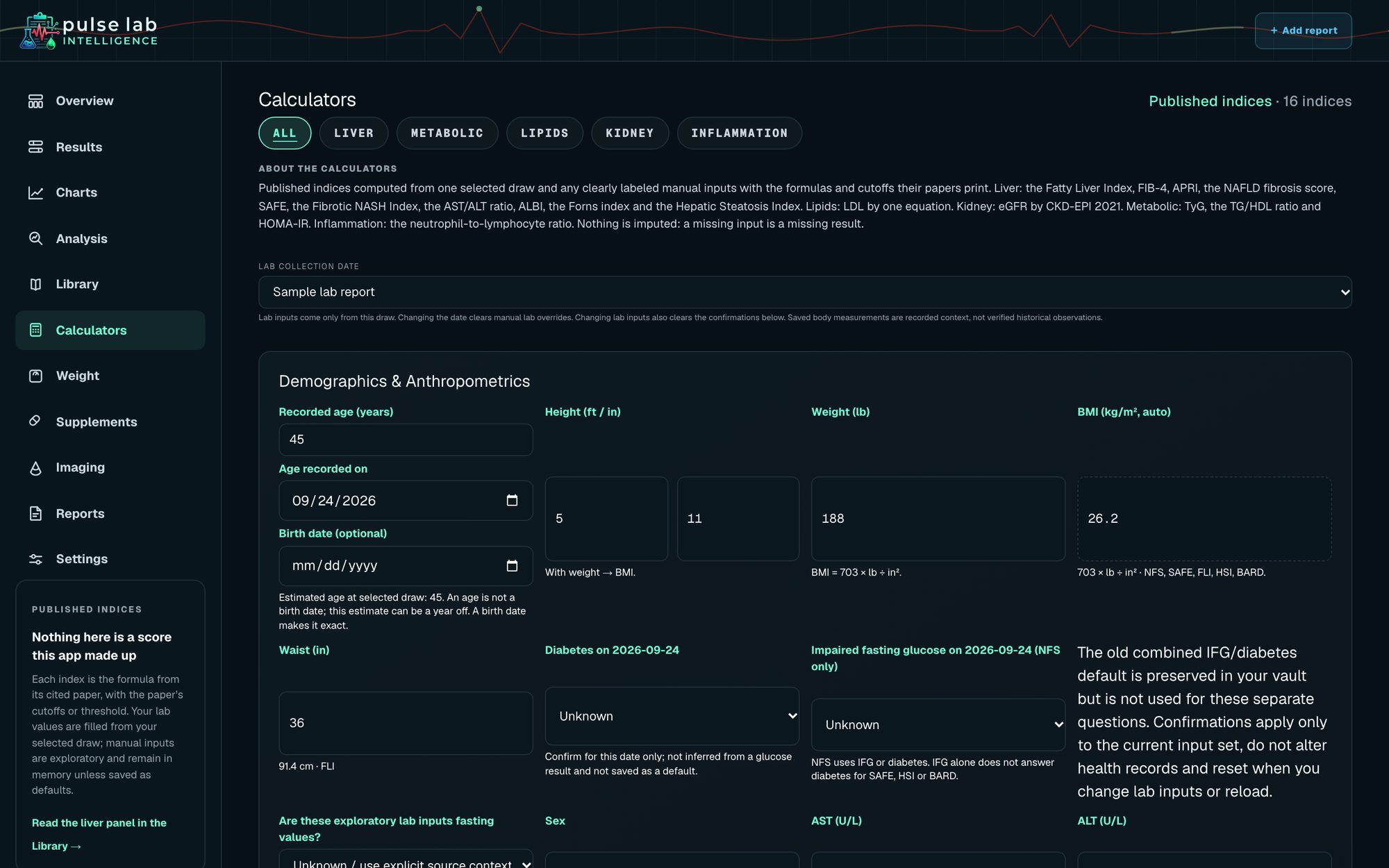 Pulse Calculators page with demographic inputs for published indices