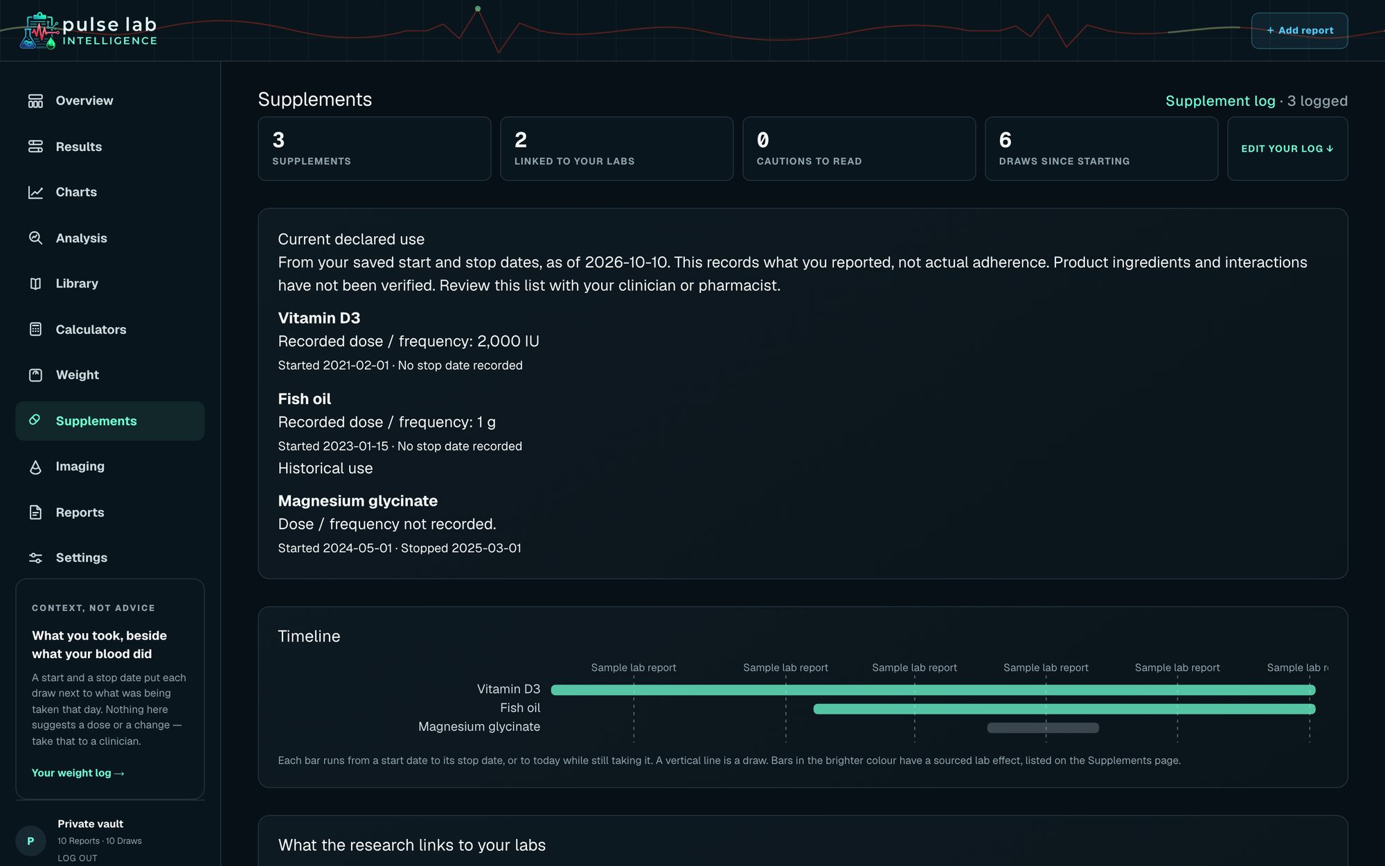 Pulse Supplements page with a timeline of supplement runs